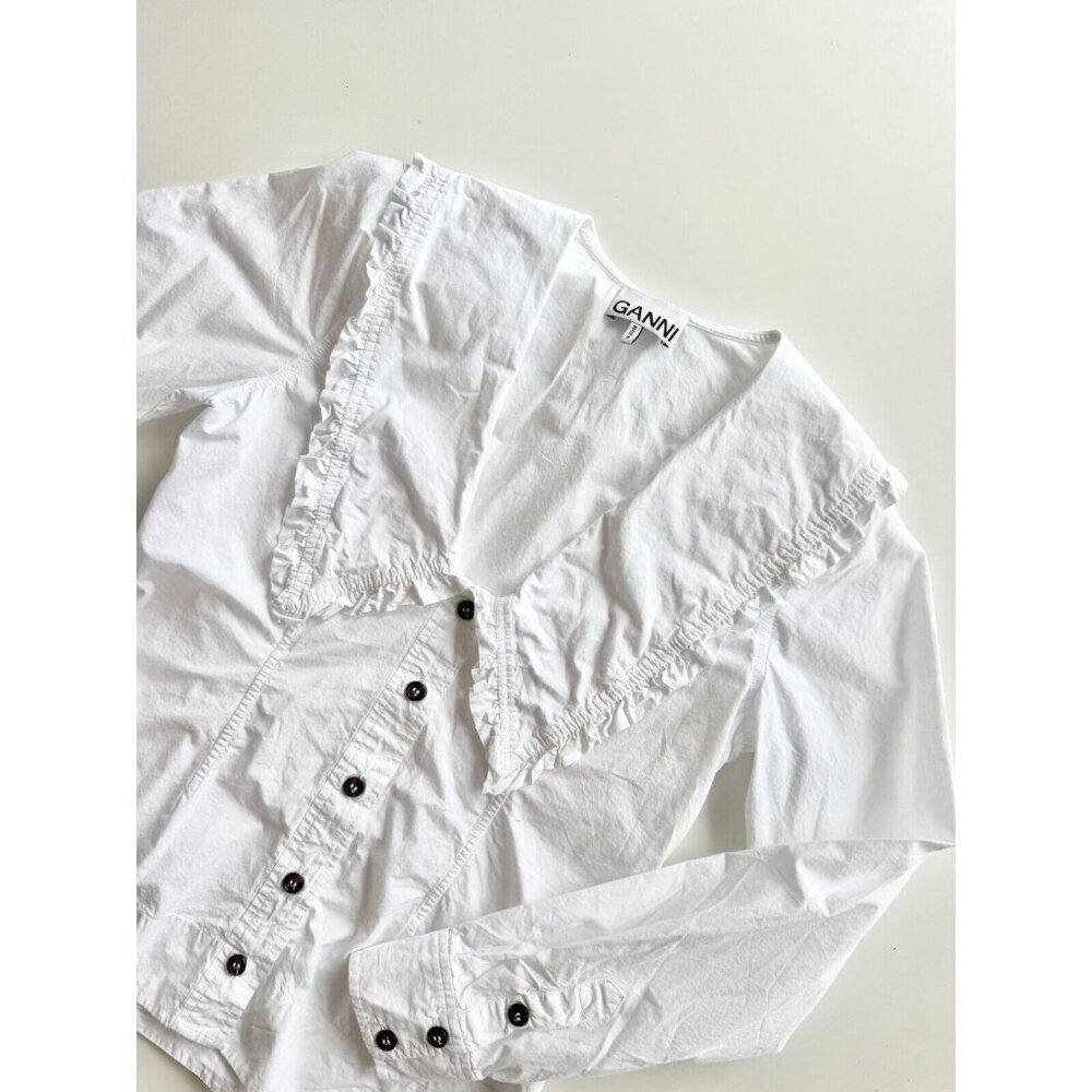 GANNI White Cotton Poplin V-Neck Frill Collar Button Up Shirt Blouse, Size 32/0 - Picture 7 of 16
